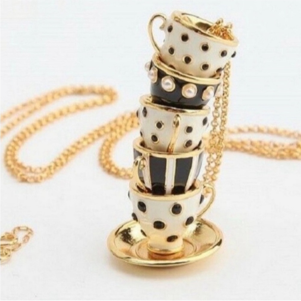 Kate Spade Cream, Black, Gold Alice in Wonderland Party Teacup Necklace